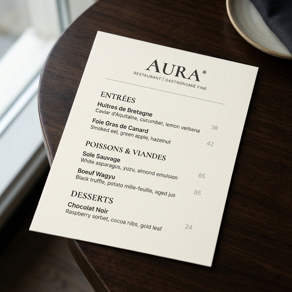 Restaurant menu with bold dish names and small, lightly-colored prices